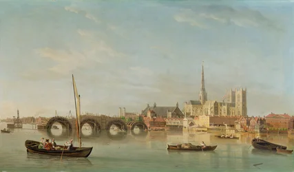 La construcción del Puente de Westminster con una vista imaginaria de la Abadía de Westminster, c.1742
